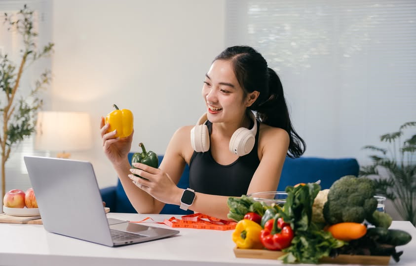 Joven nutricionista mostrando pimientos durante una videollamada en línea consultando sobre alimentación saludable, sentado en casa en una mesa con verduras, computadora portátil y cinta métrica
